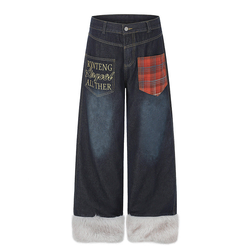 Damen weite hochgeschnittene Denim-Palazzohose mit Karopatchtasche und Kunstfellbesatz am Saum Echoarchiv