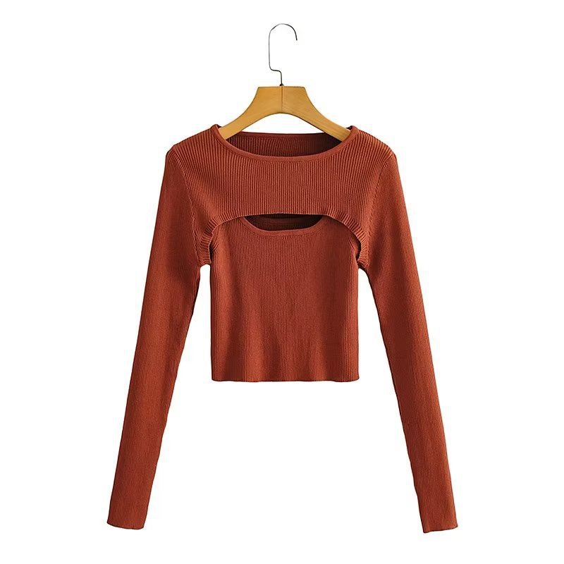 Damen Geripptes Cropped-Feinstricktop mit Cut-Out-Details Echo Archiv