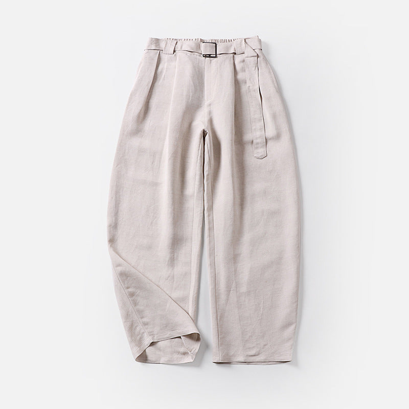 Damen Hochtaillierte Leinen-Baumwoll Bundfaltenhose mit Bindegürtel und tapered Bein Echoarchiv