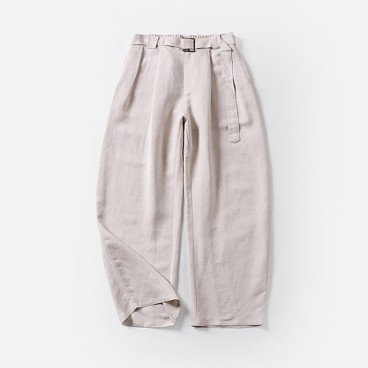 Damen Hochtaillierte Leinen-Baumwoll Bundfaltenhose mit Bindegürtel und tapered Bein Echoarchiv