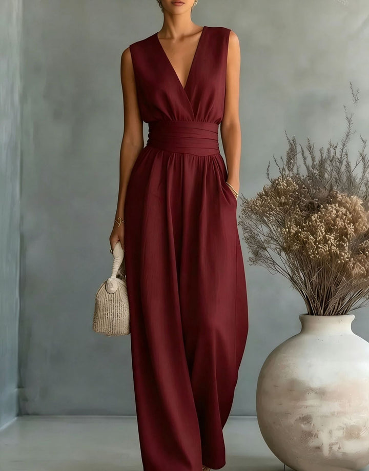 Echoarchiv | Eleganter Ärmelloser Jumpsuit mit Tiefem V-Ausschnitt, Taillenbund und Weitem Bein