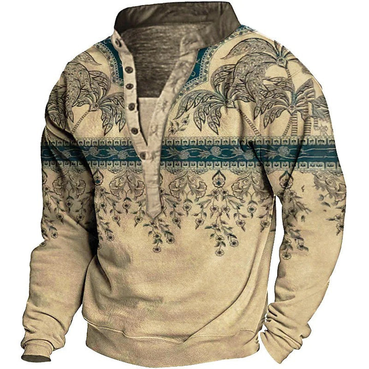 Herren Fleece-Pullover mit einzigartigem Ethno-Muster und praktischen Knopfdetails Echoarchiv