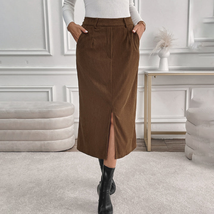 Damen Cord-Midirock mit hohem Bund, Eingrifftaschen und mittigem Schlitz Echoarchiv