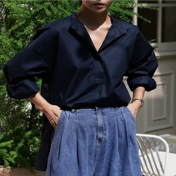Damen Oversize-Hemd aus Baumwollpopeline mit Kentkragen und verlängertem Rückenteil – Maréline