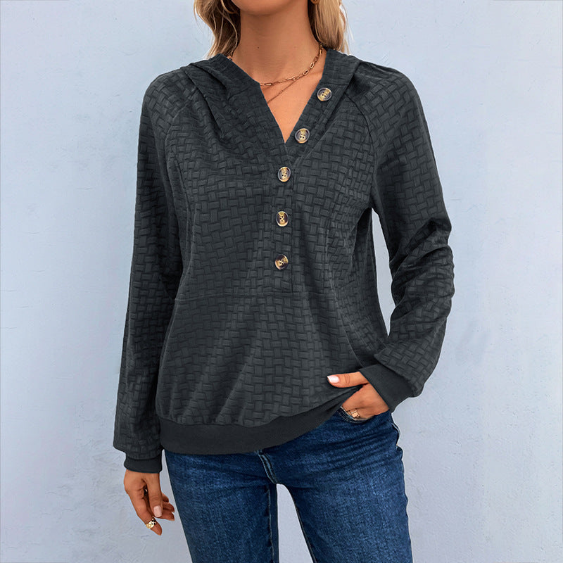 Damen Texturiertes Kapuzen-Henley-Pullover mit Knopfleiste und Kängurutasche Echoarchiv