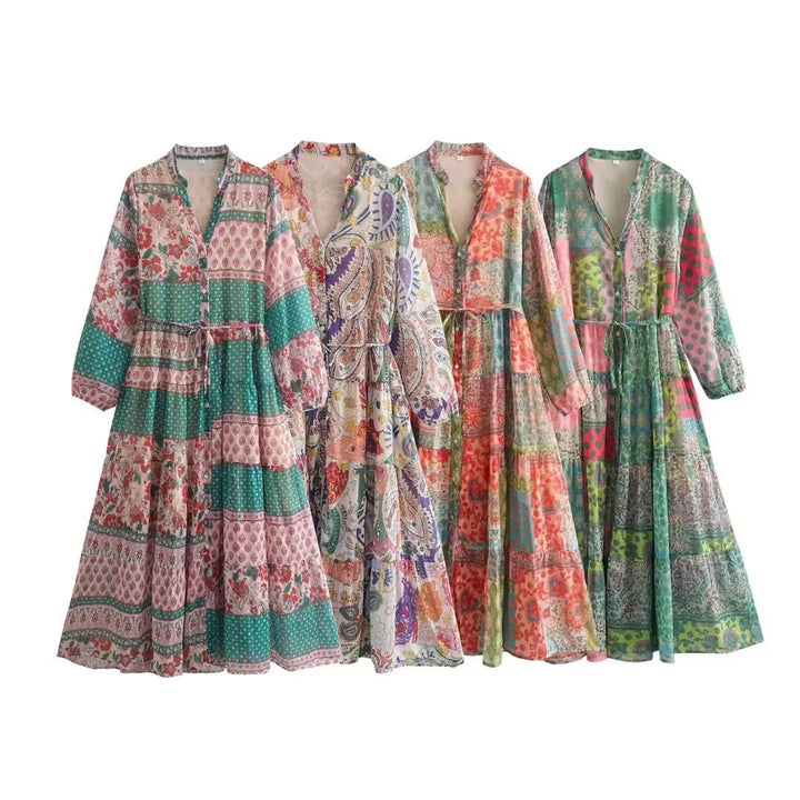 Damen Maxikleid mit Paisley‑Print, V‑Ausschnitt, Taillenband und Stufenrock Echo Archiv