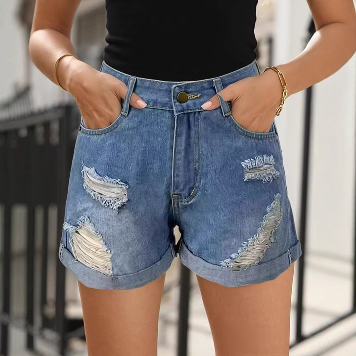 Damen Destroyed Denim-Shorts mit hohem Bund und stylischem Fransen-Look Echo Archiv