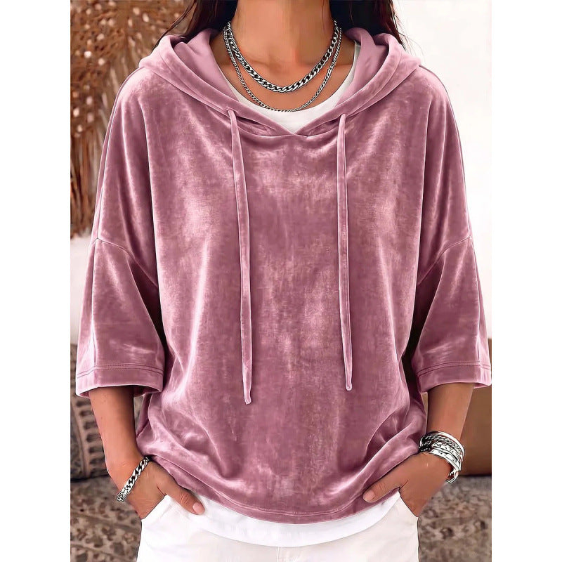 Damen Oversize Samt-Halbarm-Hoodie mit Kordelzug und Taschen Echoarchiv