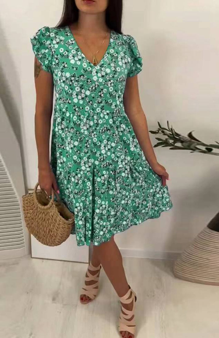 Damen nan V-Ausschnitt-Stufenkleid mit Puffärmeln und taillierter Unterbrustnaht Echo Archiv