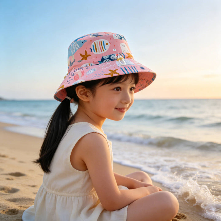 Unisex nan Kinder-Sonnenhut mit Wendemotiv, Kinnband und hohem UV-Schutz  Echo Archiv