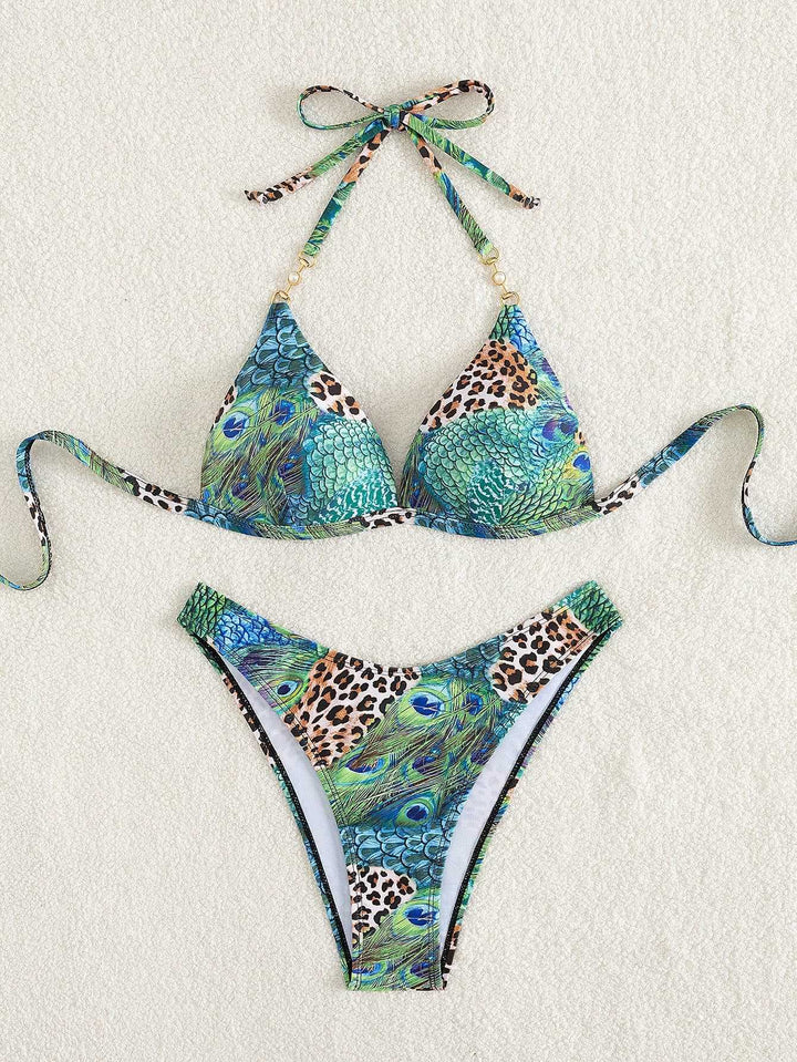 Damen Triangel-Bikini mit lebendigem Tier- und Pfauenmotiv Echo Archiv