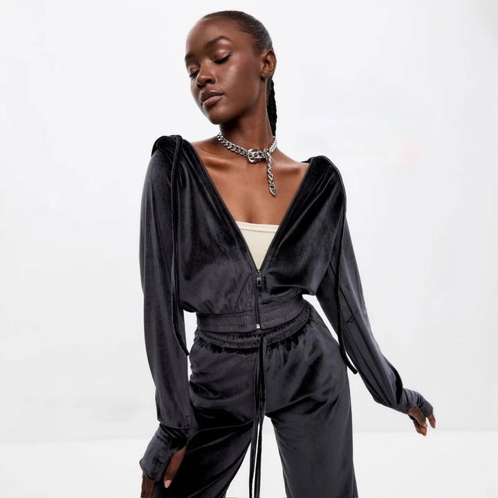 Damen samtiges Cropped-Kapuzen-Sweatset mit taillenhoher Jogginghose – Auréline