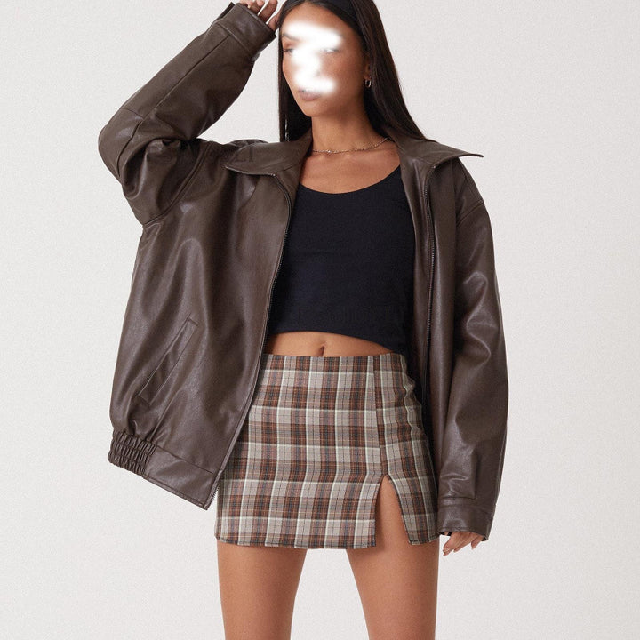 Damen Oversize Kunstleder Blouson mit Reißverschluss und elastischem Saum – Célinea