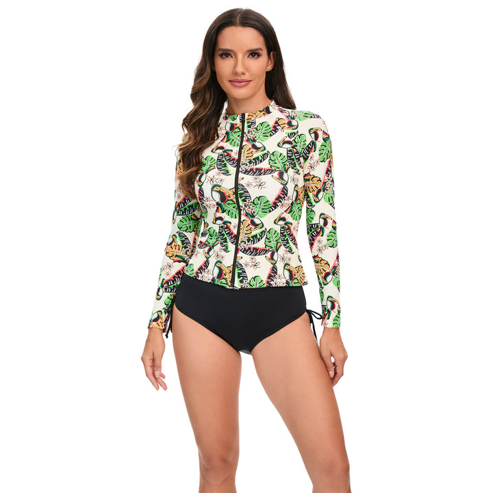 Damen Sportlicher Langarm-Rashguard mit buntem Tier- und Blattmuster Echo Archiv