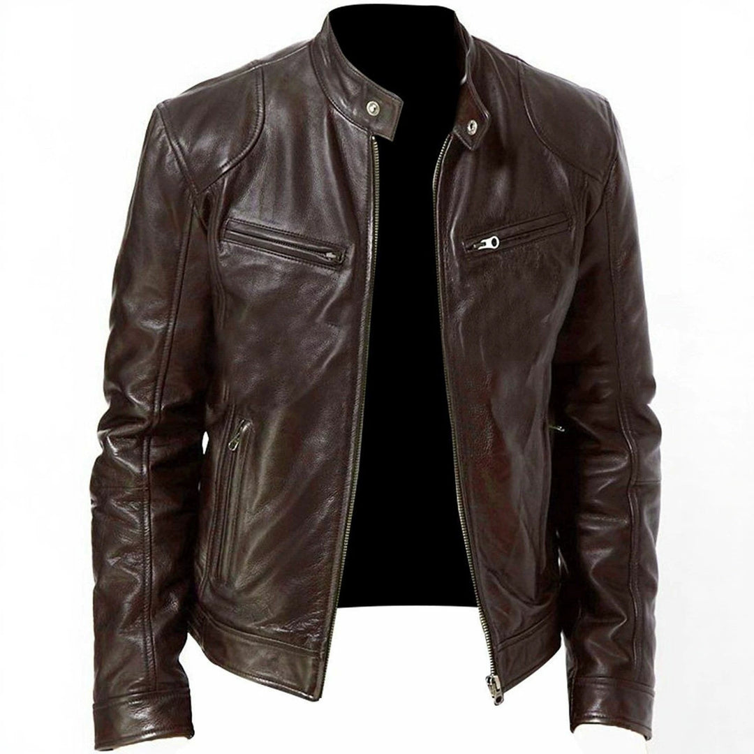 Herren nan vintage-inspirierte Lederjacke im Bikerstil mit Stehkragen und sichtbaren Reißverschlüssen Echo Archiv
