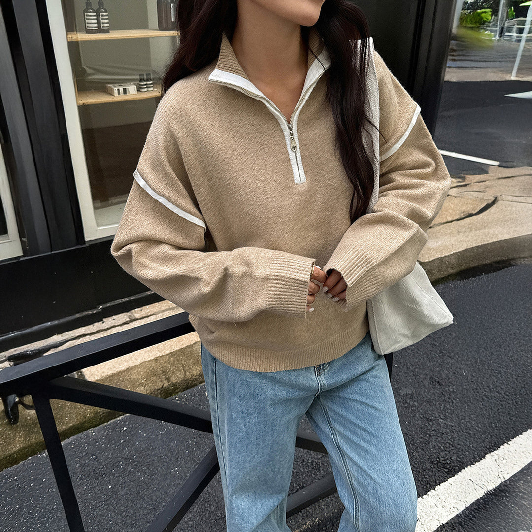 Damen oversized Strickpullover mit halbem Reißverschluss, Kontrastpaspeln und überschnittener Schulter – Mavelle