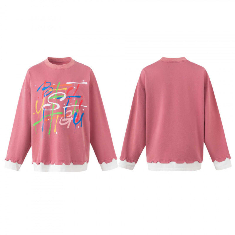 Damen Oversize-Sweatshirt mit mehrfarbigem Graffiti-Print, Lagenoptik und ausgefransten Saumkanten Echo Archiv