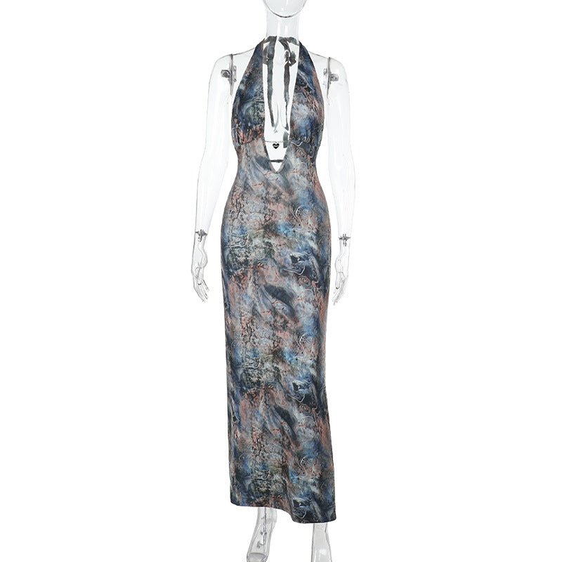 Damen elegantes Maxikleid mit tiefem V-Ausschnitt und verspieltem Halterdesign Echo Archiv