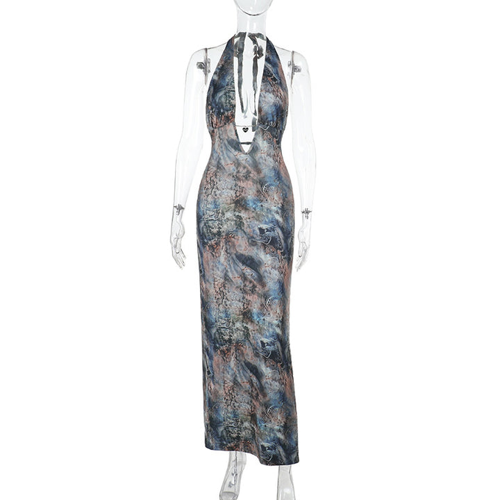 Damen elegantes Maxikleid mit tiefem V-Ausschnitt und verspieltem Halterdesign Echo Archiv