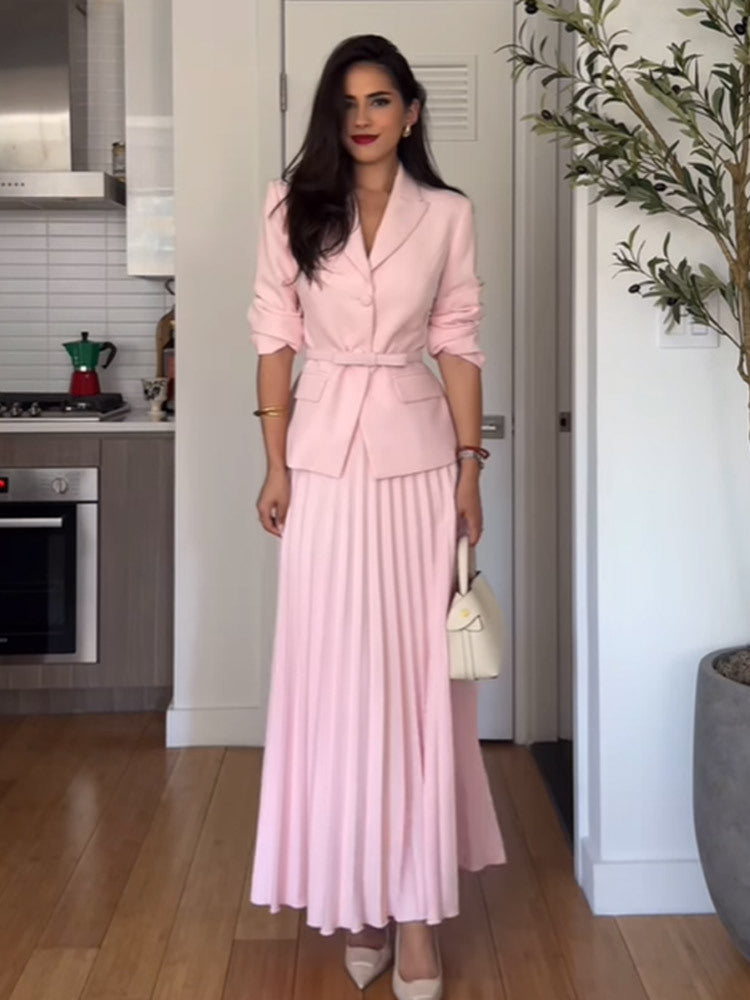 Damen Tailliertes Blazer‑und Midirock‑Set mit Plissee‑Rock & Bindegürtel Echoarchiv