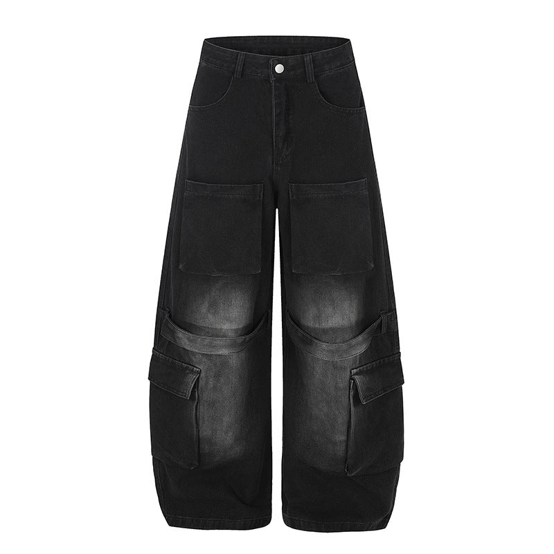 Damen Hochgeschnittene weite Cargo-Palazzo-Jeans mit großen aufgesetzten Taschen und Vintage-Waschung Echoarchiv