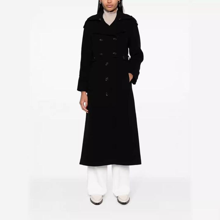 Damen Bodenlanger Doppelreihiger Trenchcoat aus Wollmix mit Schulterpatten und verdecktem Taillengürtel Echoarchiv
