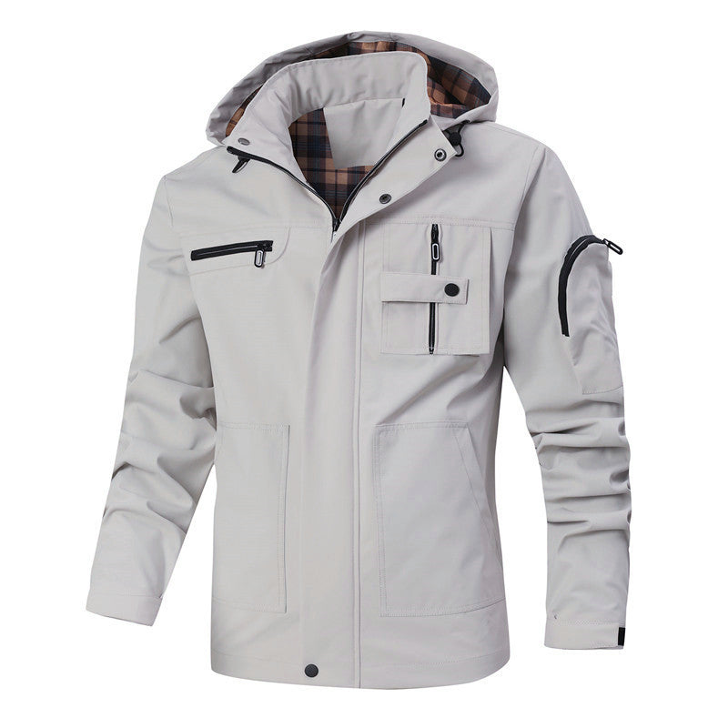 Herren Winddichte Softshelljacke mit Kapuze, kariertem Innenfutter und Multifunktionstaschen Echoarchiv