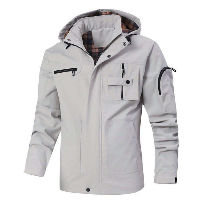 Herren Winddichte Softshelljacke mit Kapuze, kariertem Innenfutter und Multifunktionstaschen Echoarchiv