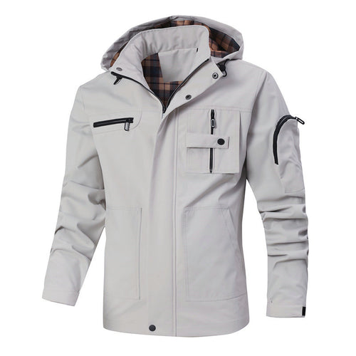 Herren Winddichte Softshelljacke mit Kapuze, kariertem Innenfutter und Multifunktionstaschen Echoarchiv