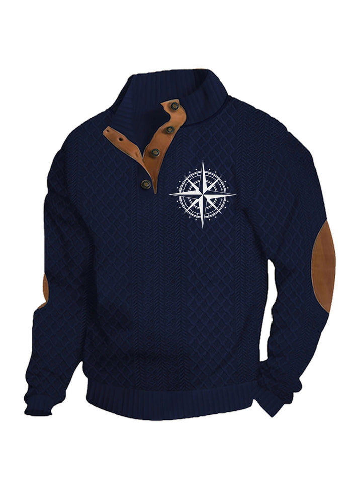 Herren nan Heritage-Strukturpullover mit Stehkragen Lederimitat-Besatz Ellenbogen-Patches und Halbknopfleiste Echo Archiv