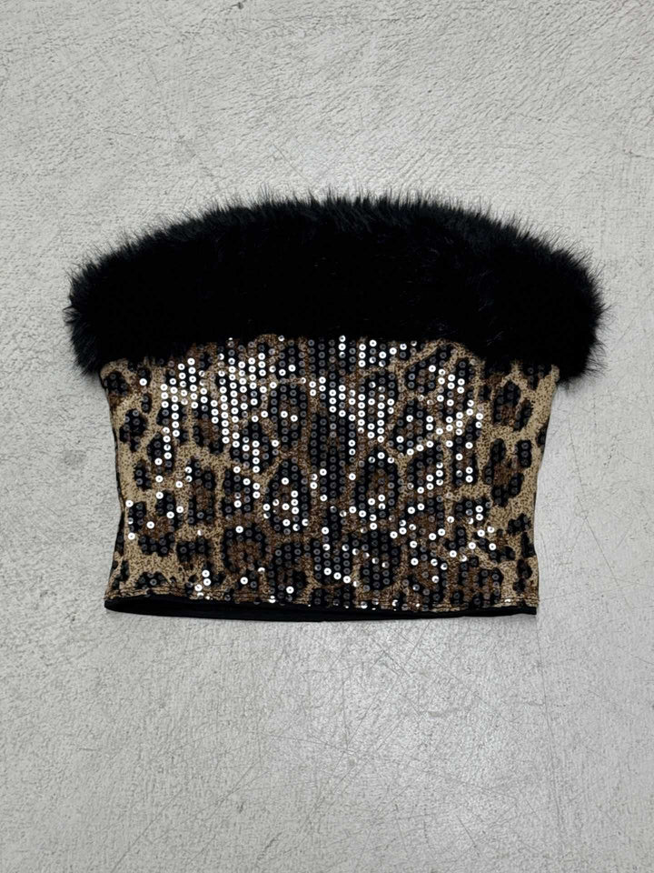 Damen glitzerndes Leopardenmuster Oberteil mit Kunstfellbesatz Echo Archiv