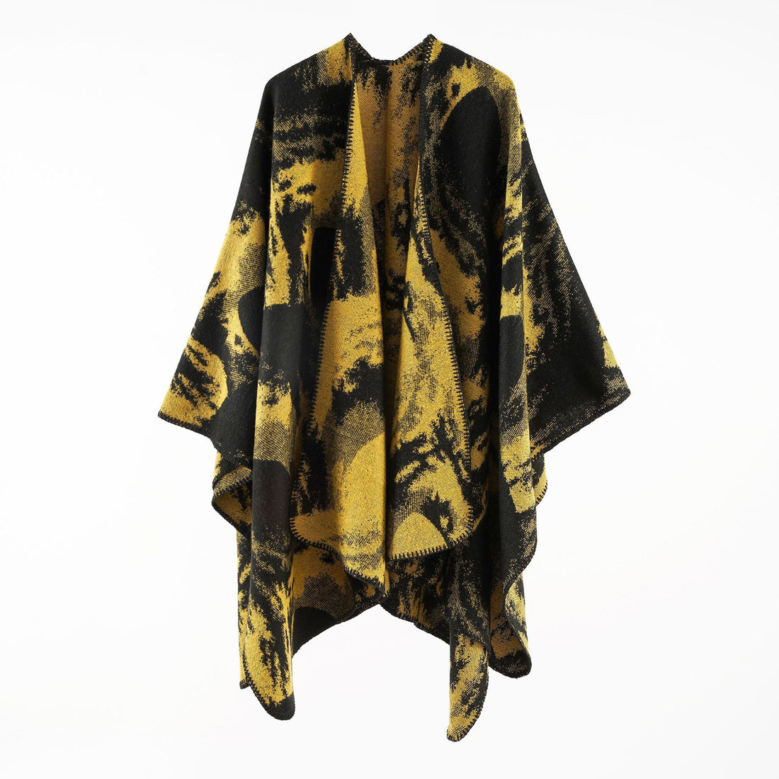 Damen Oversize-Jacquard-Umhang aus Wollmix mit grafischem Aquarellmuster und Kettelkante – Célinea