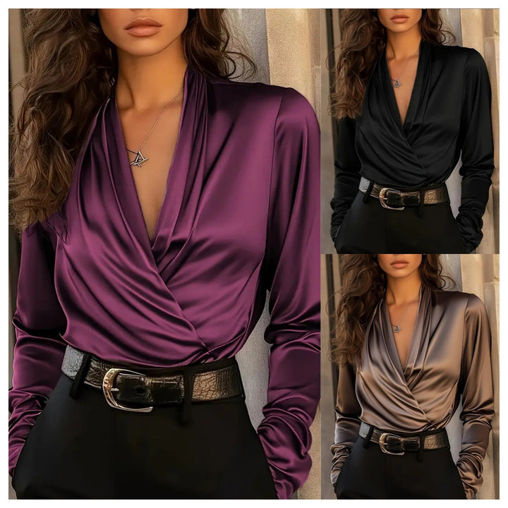 Damen elegante Satinbluse mit Wickeldesign und tiefem V-Ausschnitt Echo Archiv