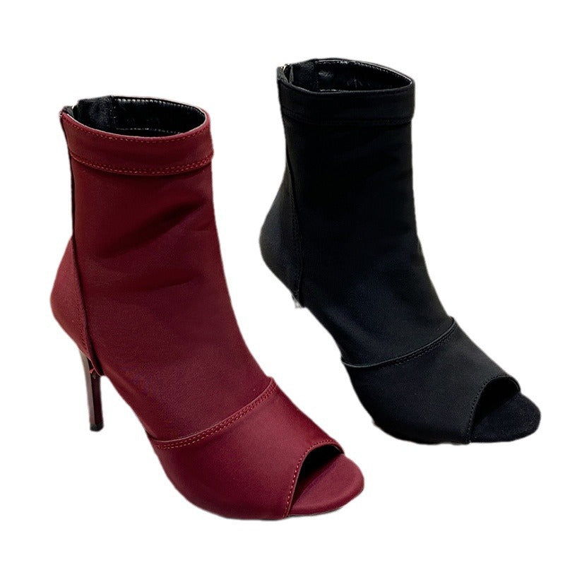 Damen Offene Zehenstiefelette mit Stretchschaft und schmalem Stilettoabsatz Echo Archiv