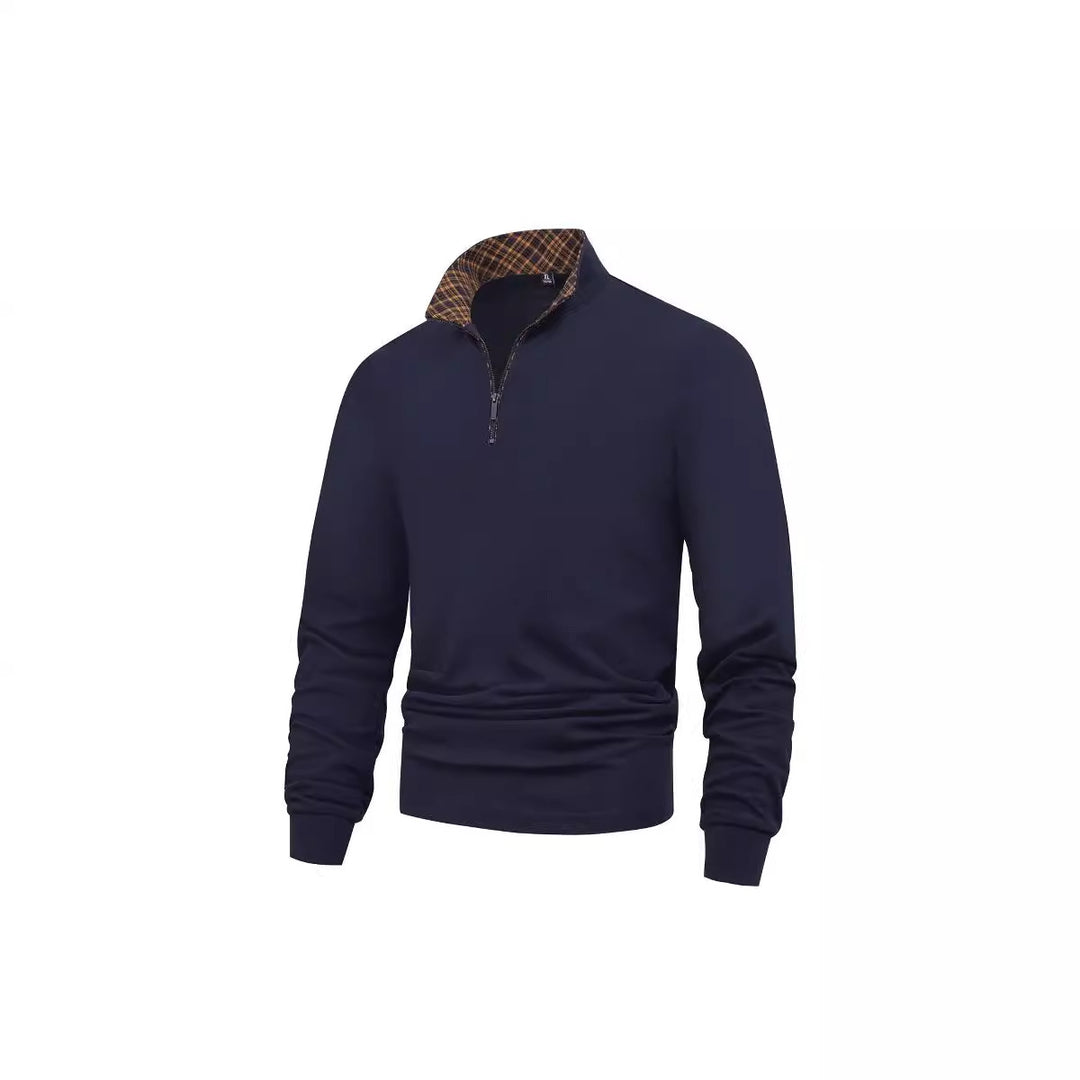 Herren Langarm-Halbzip-Pullover mit Stehkragen und kariertem Innenkragen – Marzano