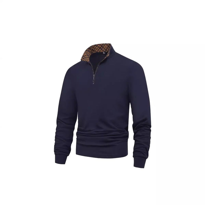 Herren Langarm-Halbzip-Pullover mit Stehkragen und kariertem Innenkragen – Marzano