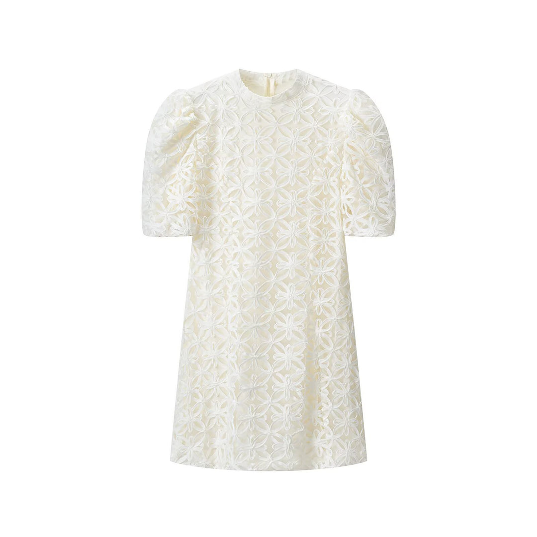 Damen A-Linien Mini-Kleid mit dreidimensionaler Blumenstickerei und Puffärmeln Echoarchiv