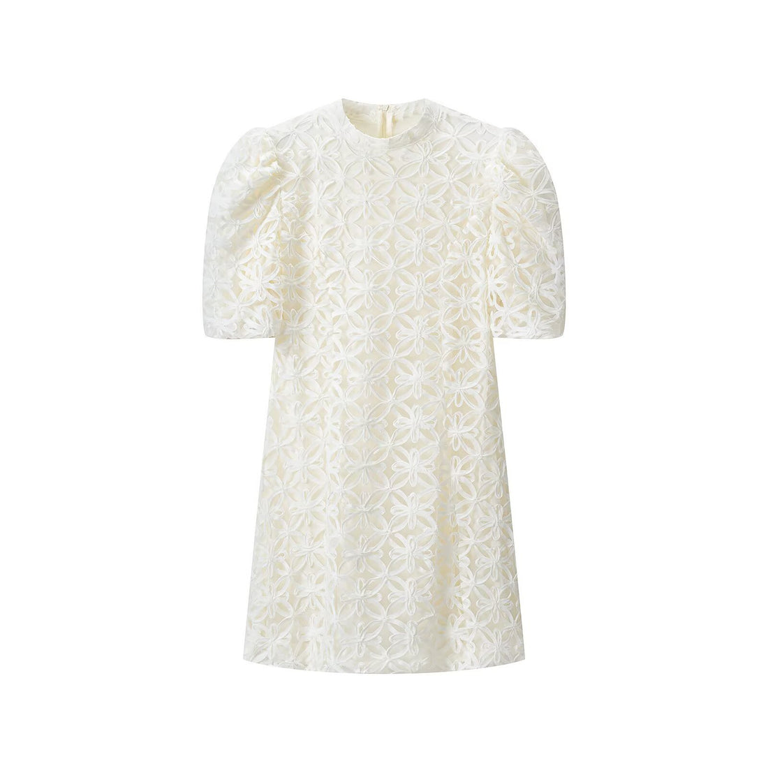 Damen A-Linien Mini-Kleid mit dreidimensionaler Blumenstickerei und Puffärmeln Echoarchiv
