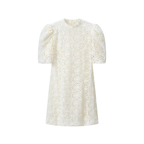 Damen A-Linien Mini-Kleid mit dreidimensionaler Blumenstickerei und Puffärmeln Echoarchiv