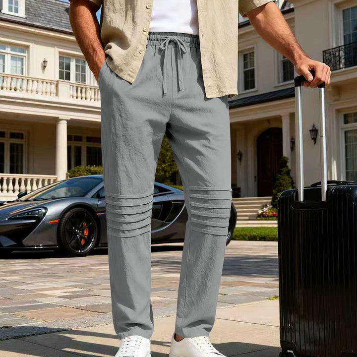 Herren Leinenoptik-Loungehose mit Tunnelzug elastischem Bund und abgesteppten Kniepanelen – Sorevano