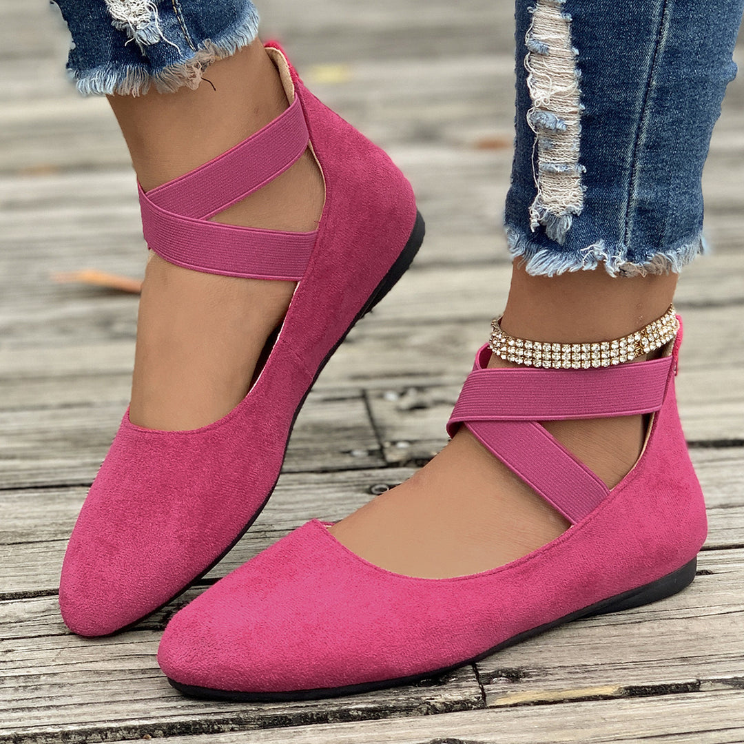 Damen Flache Ballerina-Slipper aus Wildlederimitat mit elastischen Kreuzriemen – Lioré