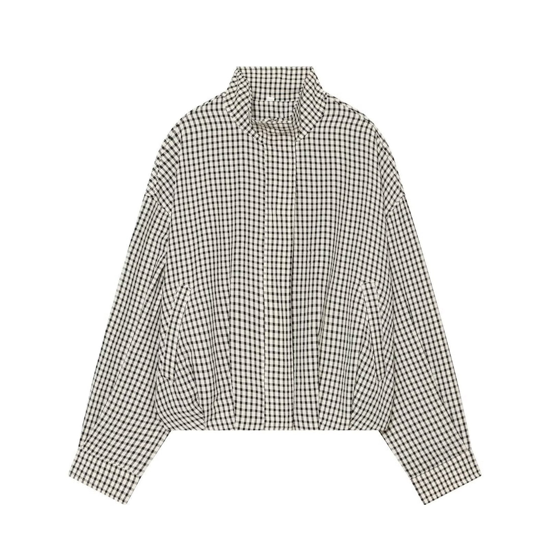 Damen Cropped Boxy-Jacke im Vichy-Karo mit Funnelkragen und verdeckter Knopfleiste Echoarchiv