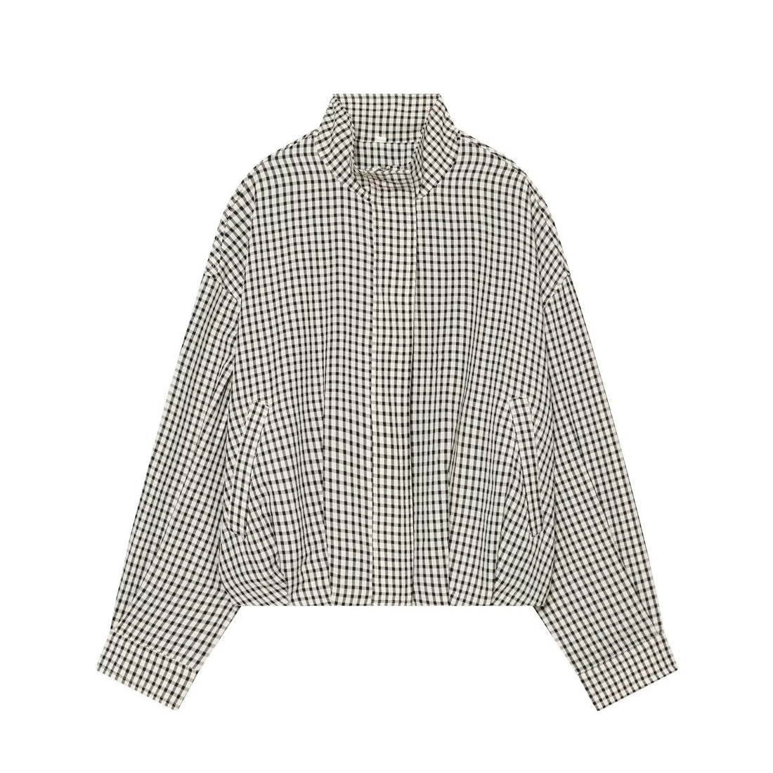Damen Cropped Boxy-Jacke im Vichy-Karo mit Funnelkragen und verdeckter Knopfleiste Echoarchiv