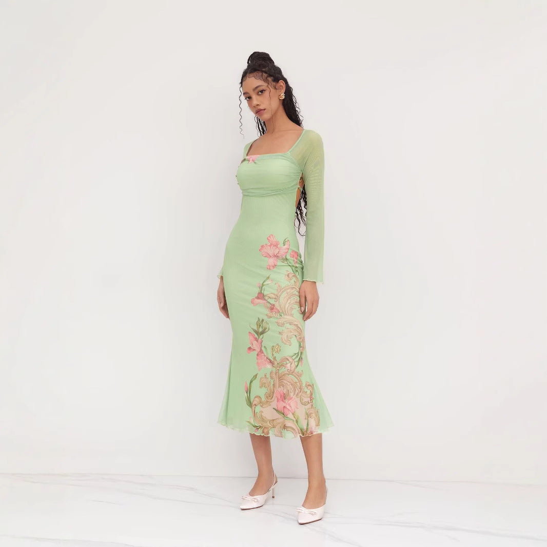 Damen elegantes Midikleid mit floralem Design und transparenten Longsleeves Echo Archiv