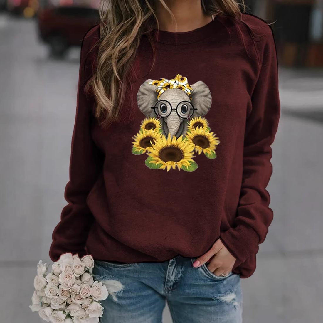 Damen-Sweatshirt mit Elefantenprint, Sonnenblumenmotiv und weichem Fleece – Mavelle