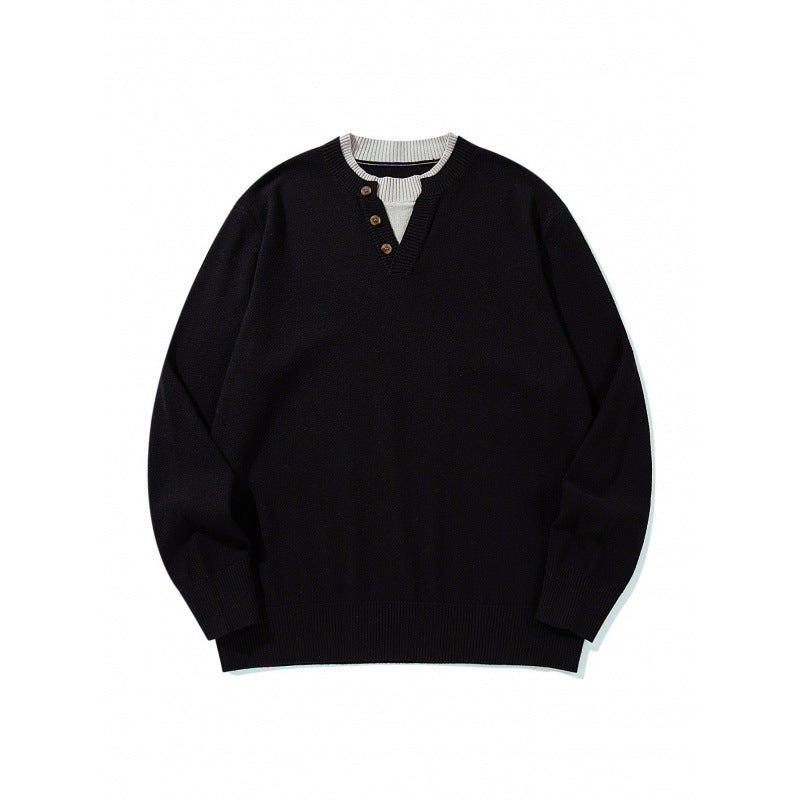 Unisex Strickpullover mit Henley-Knopfleiste, Kontrastkragen und Boxy‑Schnitt Echo Archiv