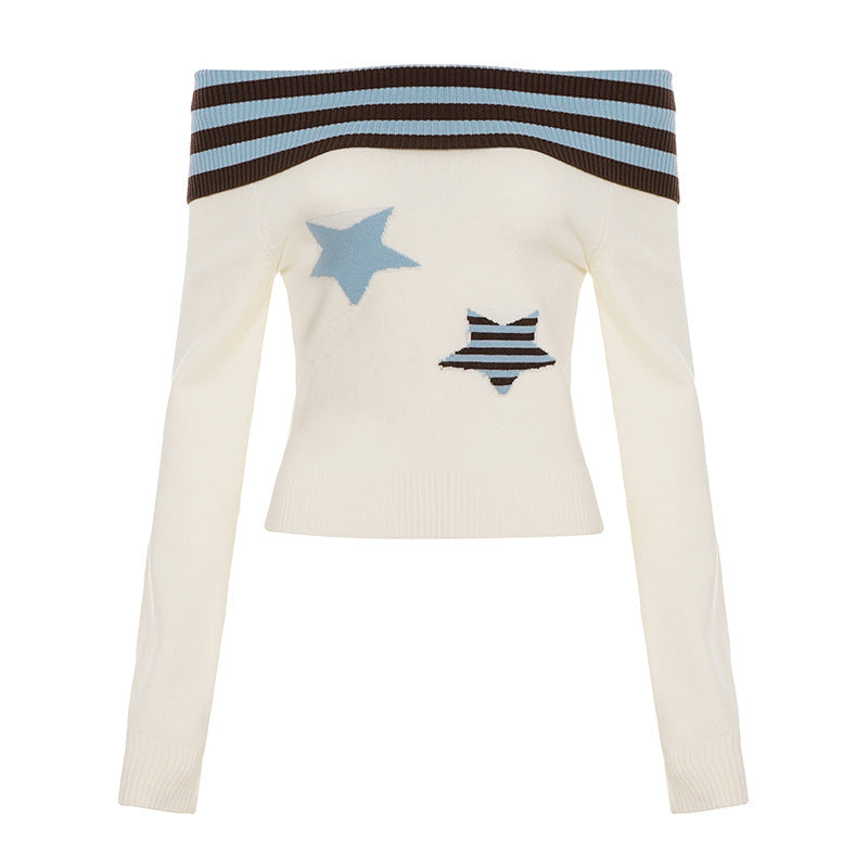 Damen Schulterfreier Feinstrick-Pullover mit Umschlagkragen und Stern-Applikation Echo Archiv
