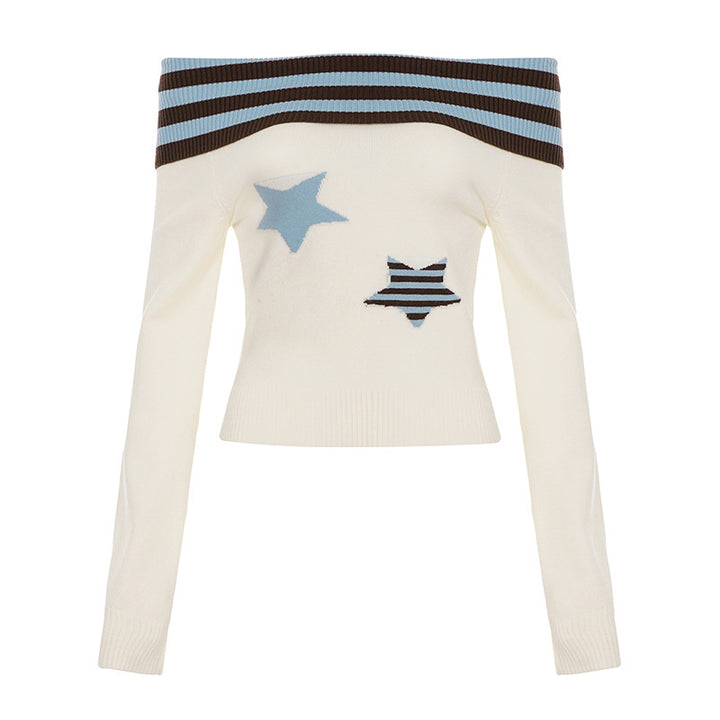 Damen Schulterfreier Feinstrick-Pullover mit Umschlagkragen und Stern-Applikation Echo Archiv