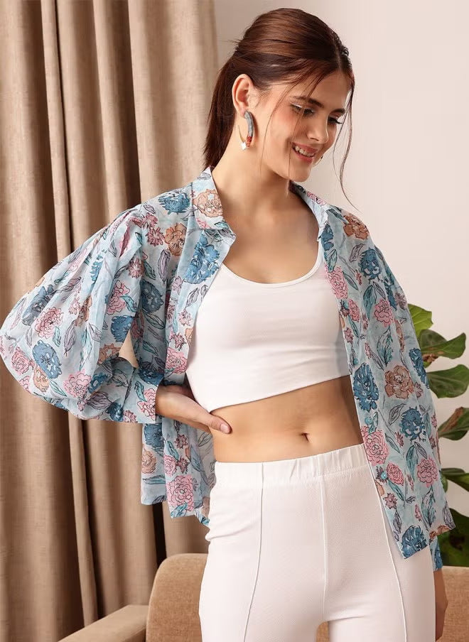 Damen leicht transparente Chiffonjacke mit floralen Motiven und ballonartigen Ärmeln Echo Archiv