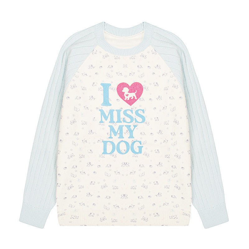 Damen Strickpullover mit Raglanärmeln, Allover-Hundemotiv und Statement-Print Echoarchiv